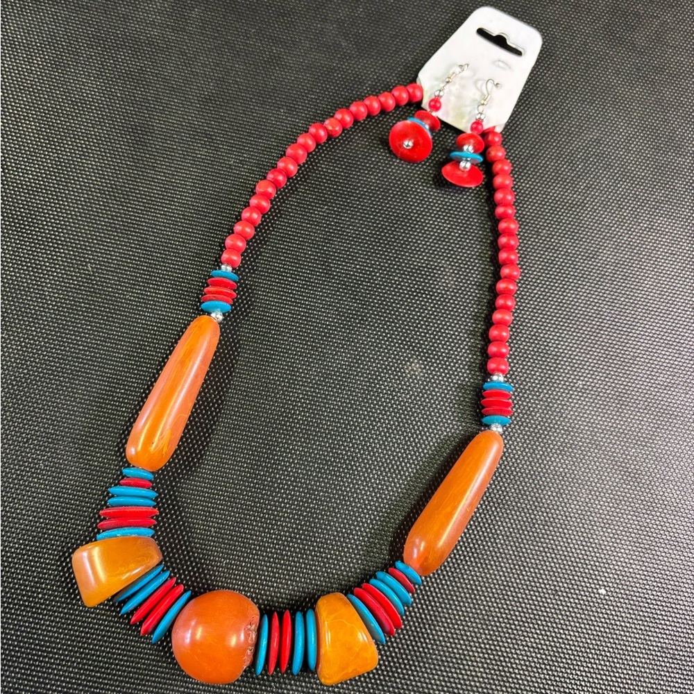 Bold Tribal-Style Statement Necklace & Earrings Set – Orange, Red & Turquoise